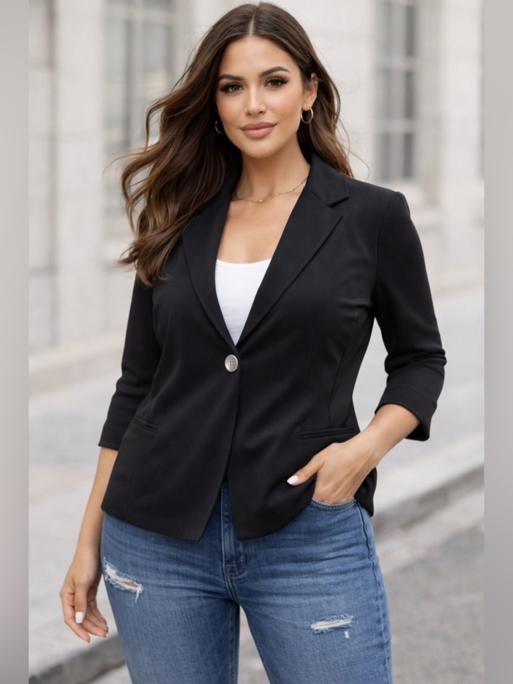 Draper’s & Damon’s Petite Black blazer PXL 3/4 Sleeve Stretch Button Front NWOT